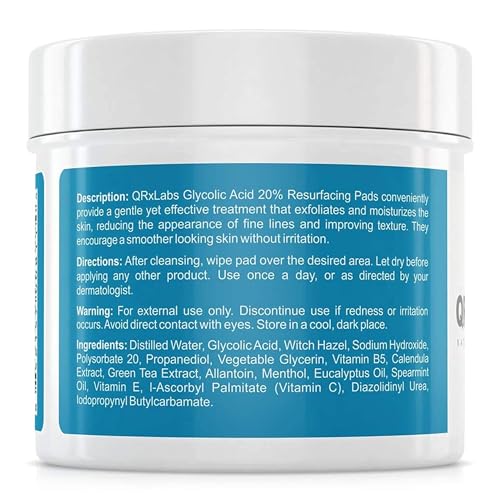 QRxLabs Glycolic Acid 10% Wrinkle Control Pads for Face & Body - 10% Glycolic Acid, Allantoin, Vitamins B5, C & E, Calendula & Green Tea Extract - Face Pads for Smooth Skin - Prevents Wrinkles & Lines