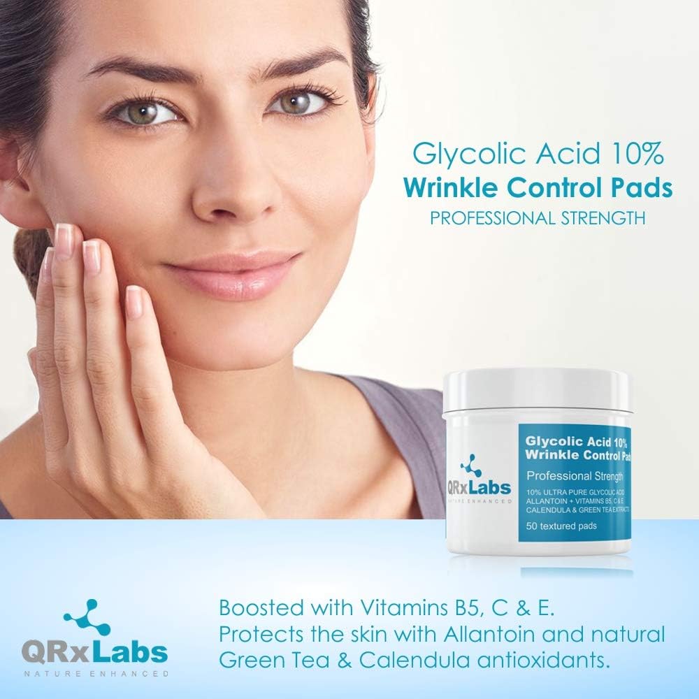 QRxLabs Glycolic Acid 10% Wrinkle Control Pads for Face & Body - 10% Glycolic Acid, Allantoin, Vitamins B5, C & E, Calendula & Green Tea Extract - Face Pads for Smooth Skin - Prevents Wrinkles & Lines