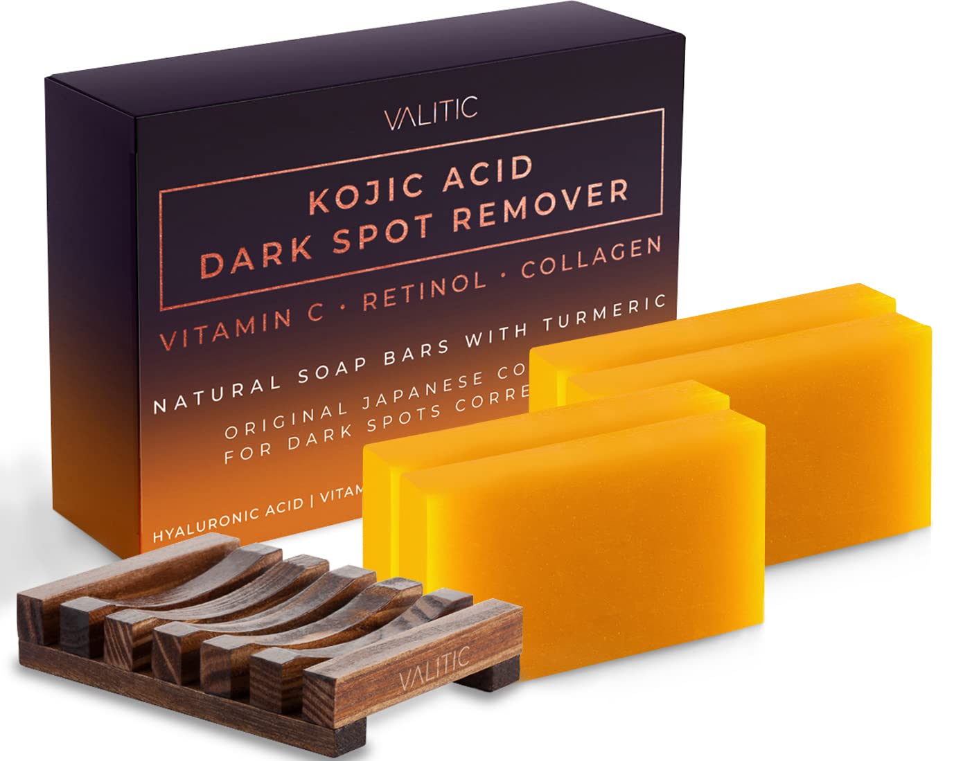 VALITIC Kojic Acid Dark Spot Remover Soap Bars with Vitamin C, Retinol, Collagen, Turmeric - Original Japanese Complex Infused with Hyaluronic Acid, Vitamin E, Shea Butter, Castile Olive Oil (2 Pack)