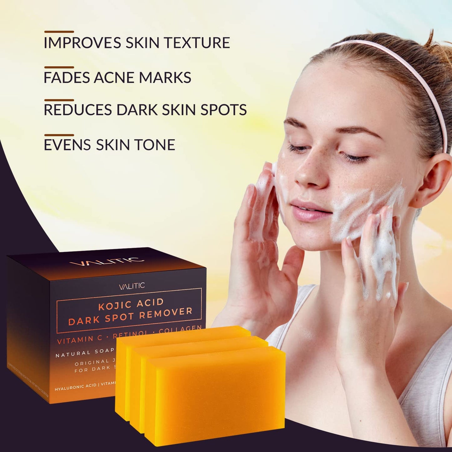 VALITIC Kojic Acid Dark Spot Remover Soap Bars with Vitamin C, Retinol, Collagen, Turmeric - Original Japanese Complex Infused with Hyaluronic Acid, Vitamin E, Shea Butter, Castile Olive Oil (2 Pack)